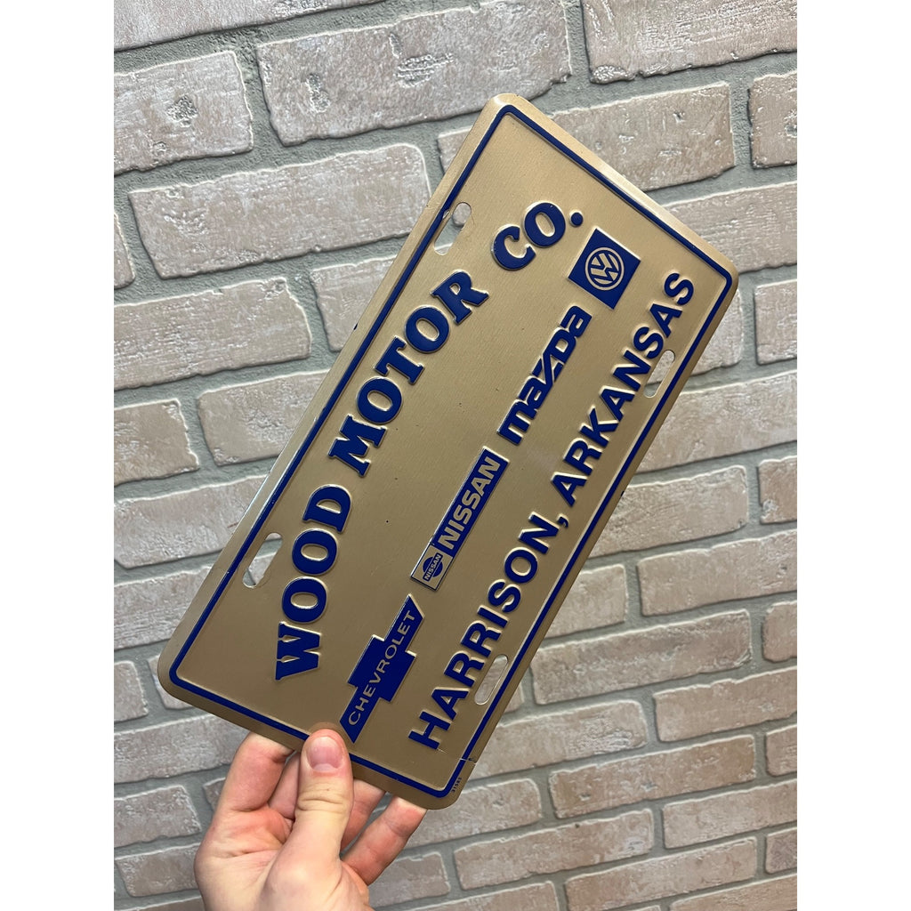 Vintage Volkswagen Chevy Mazda Dealer Metal Booster License Plate Arkansas