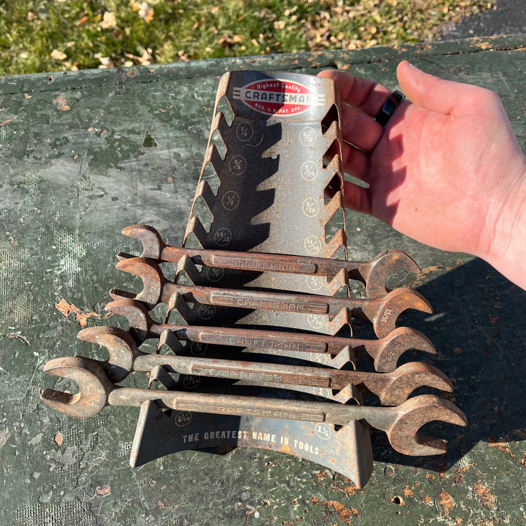 Vintage 1950's Craftsman Slot Wall Mount Wrench Tool Holder Display Rack W/ Wrenches