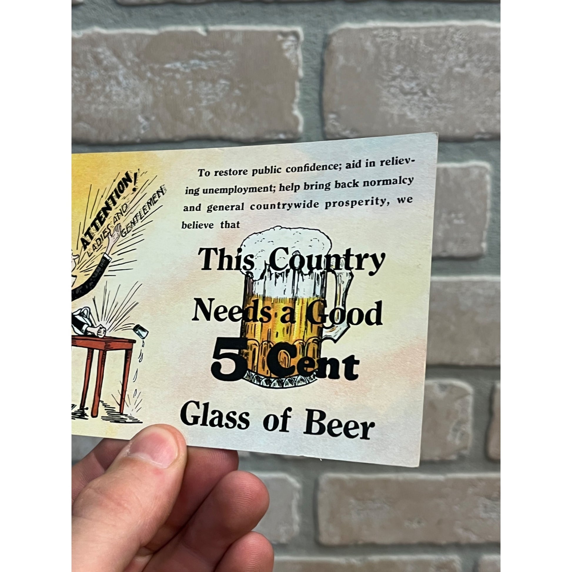 Anti-Prohibition Postcard "This Country Needs a Good 5-Cent Glass of Beer"