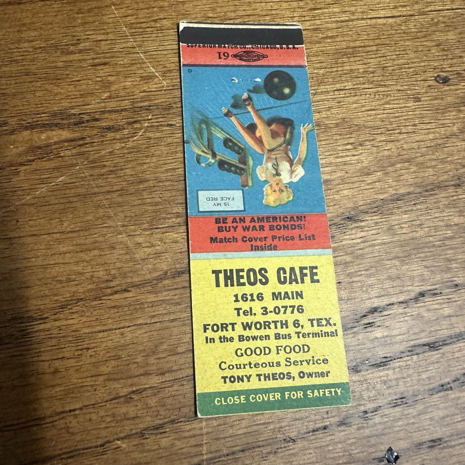 1940s 1950s Pinup Girl Girlie Matchbook Cover Fortworth TX Theos Cafe