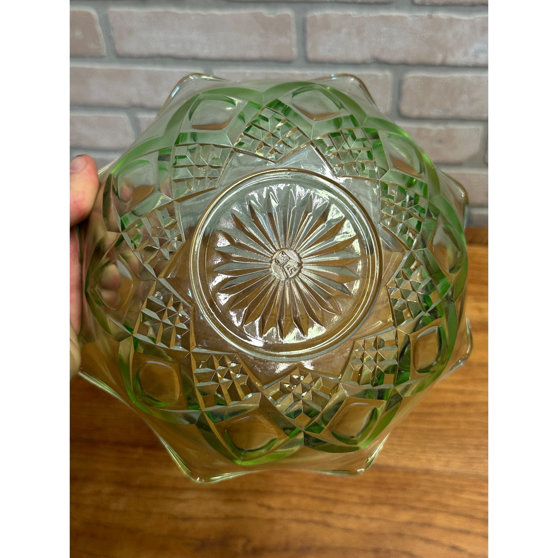 Vintage Uranium Glass Hazel Atlas Large 8" Berry Fruit Bowl Green Diamond Arches