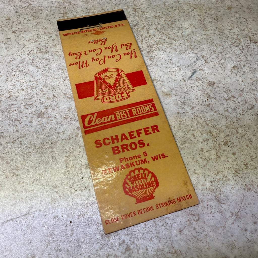 Schaefer Bros Shell Ford Gasoline Kewaskum Wis.  Advertising Matchbook
