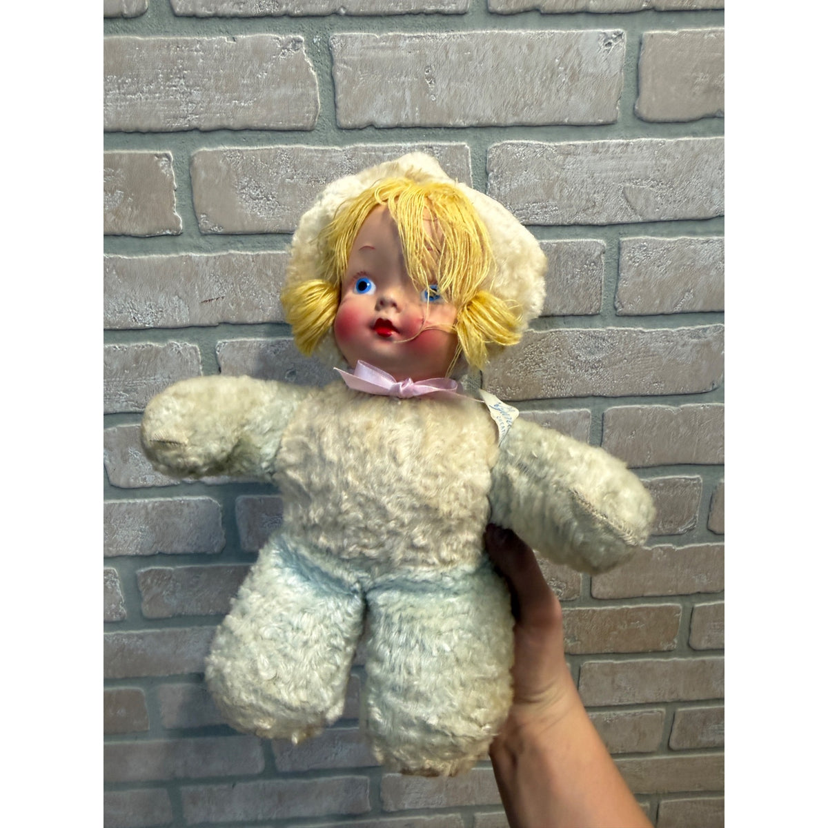 1940's Antique Gund Mfr. Plush Doll/Teddy Bear Combo-Vintage Girl Rubber
