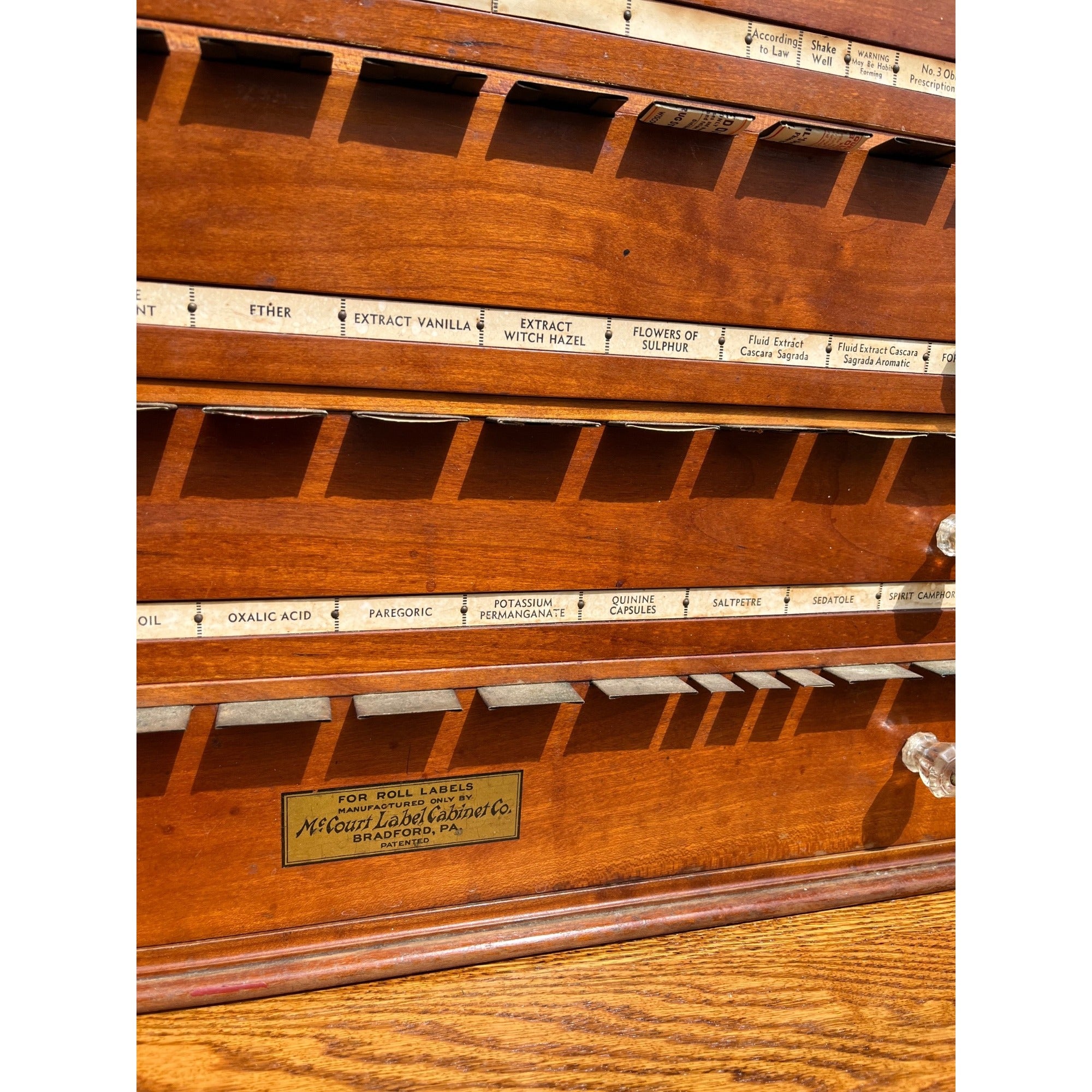 Antique 1900s McCourt Apothecary Label Oak Cabinet Pharmacy pharmacist