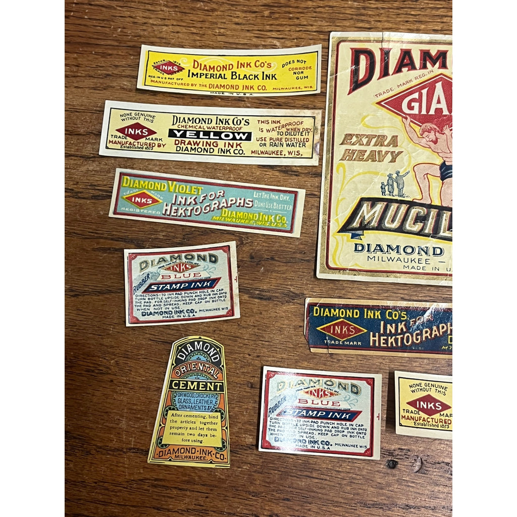 Vintage Diamond Ink Co. Huge Lot Bottle Jar Labels Milwaukee Wisconsin Wis WI