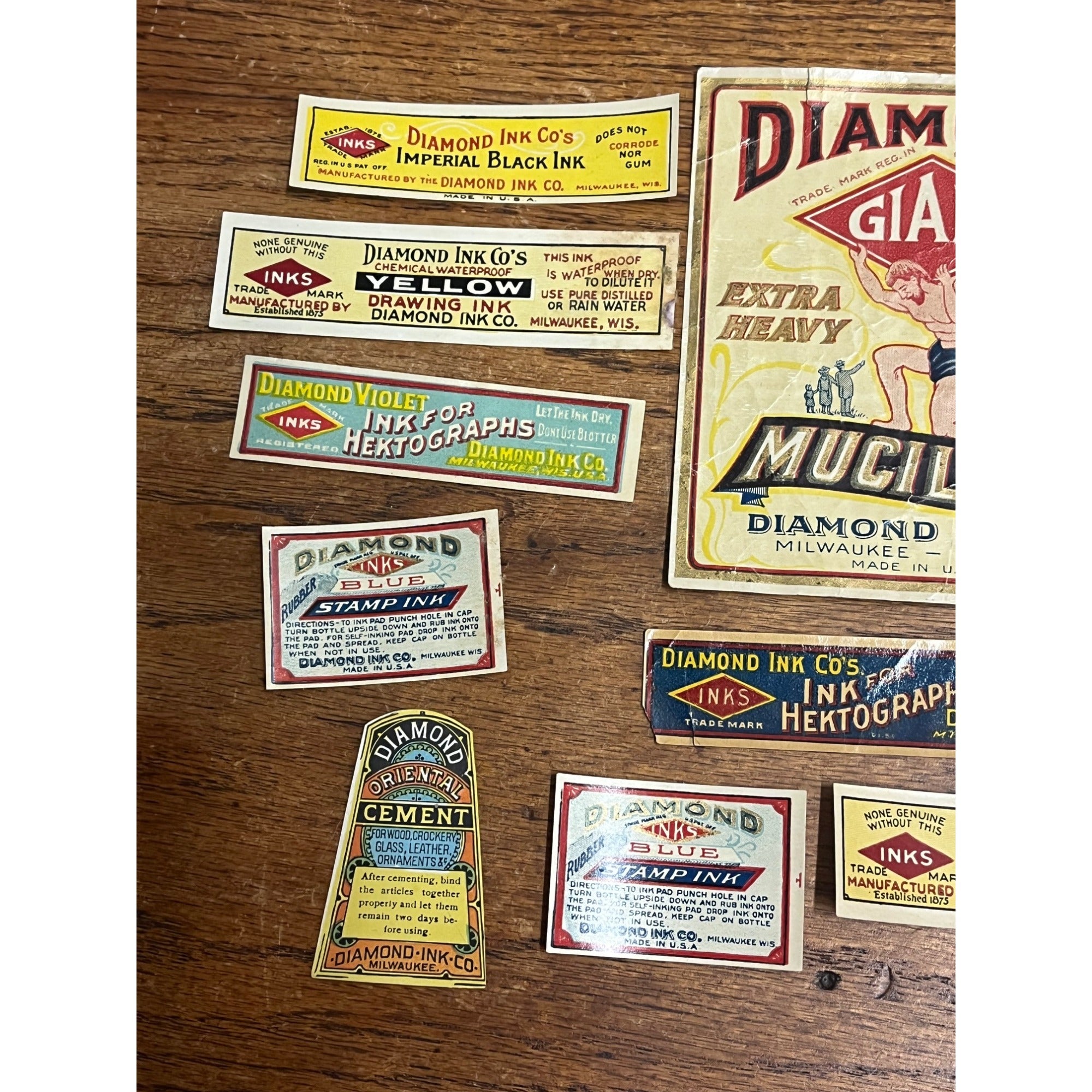 Vintage Diamond Ink Co. Huge Lot Bottle Jar Labels Milwaukee Wisconsin Wis WI