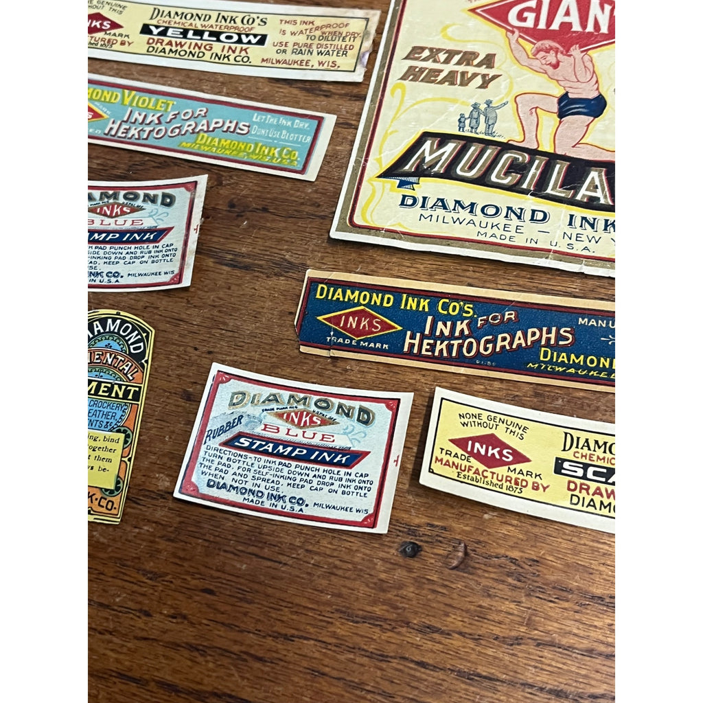 Vintage Diamond Ink Co. Huge Lot Bottle Jar Labels Milwaukee Wisconsin Wis WI