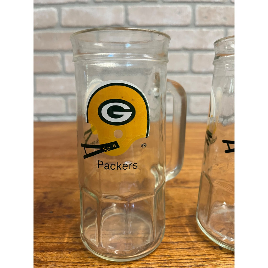 Vintage 1970s Green Bay Packers Mug Helmet NFL Glass Beer Tall Handled Pair (2)