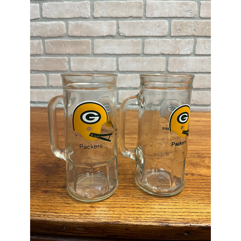 Vintage 1970s Green Bay Packers Mug Helmet NFL Glass Beer Tall Handled Pair (2)