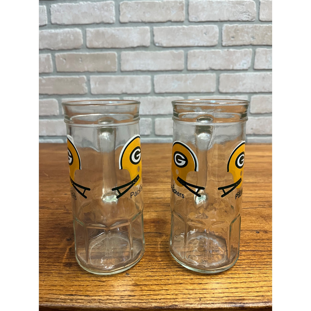 Vintage 1970s Green Bay Packers Mug Helmet NFL Glass Beer Tall Handled Pair (2)