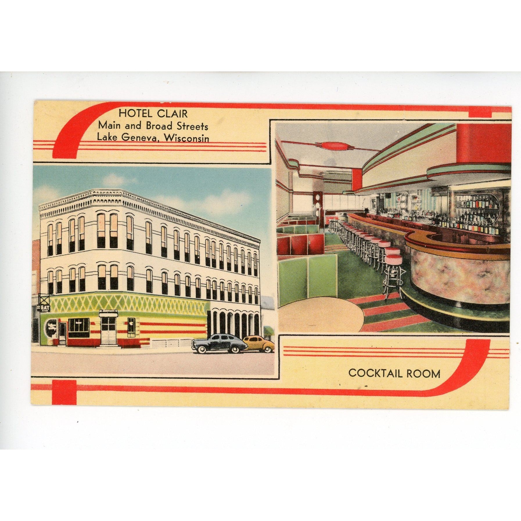 Vintage 1930s Art Deco Style Hotel Clair Postcard Lake Geneva Wisconsin Tavern Wis
