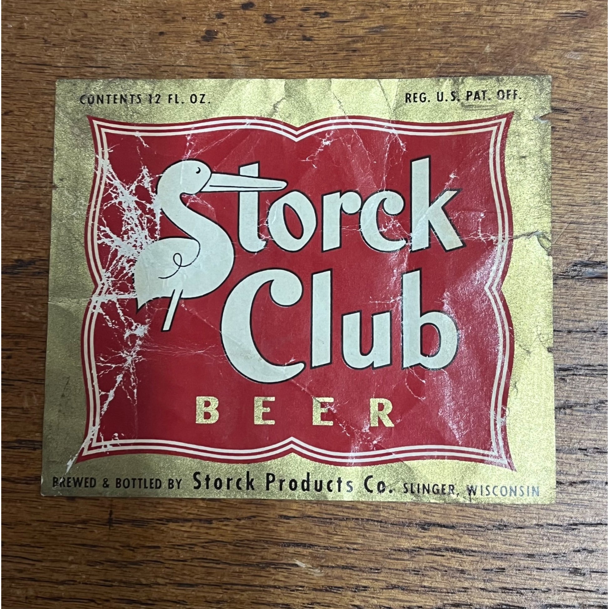 Vintage Storck Club Beer Bottle Label Slinger, Wisconsin 12oz Wis WI