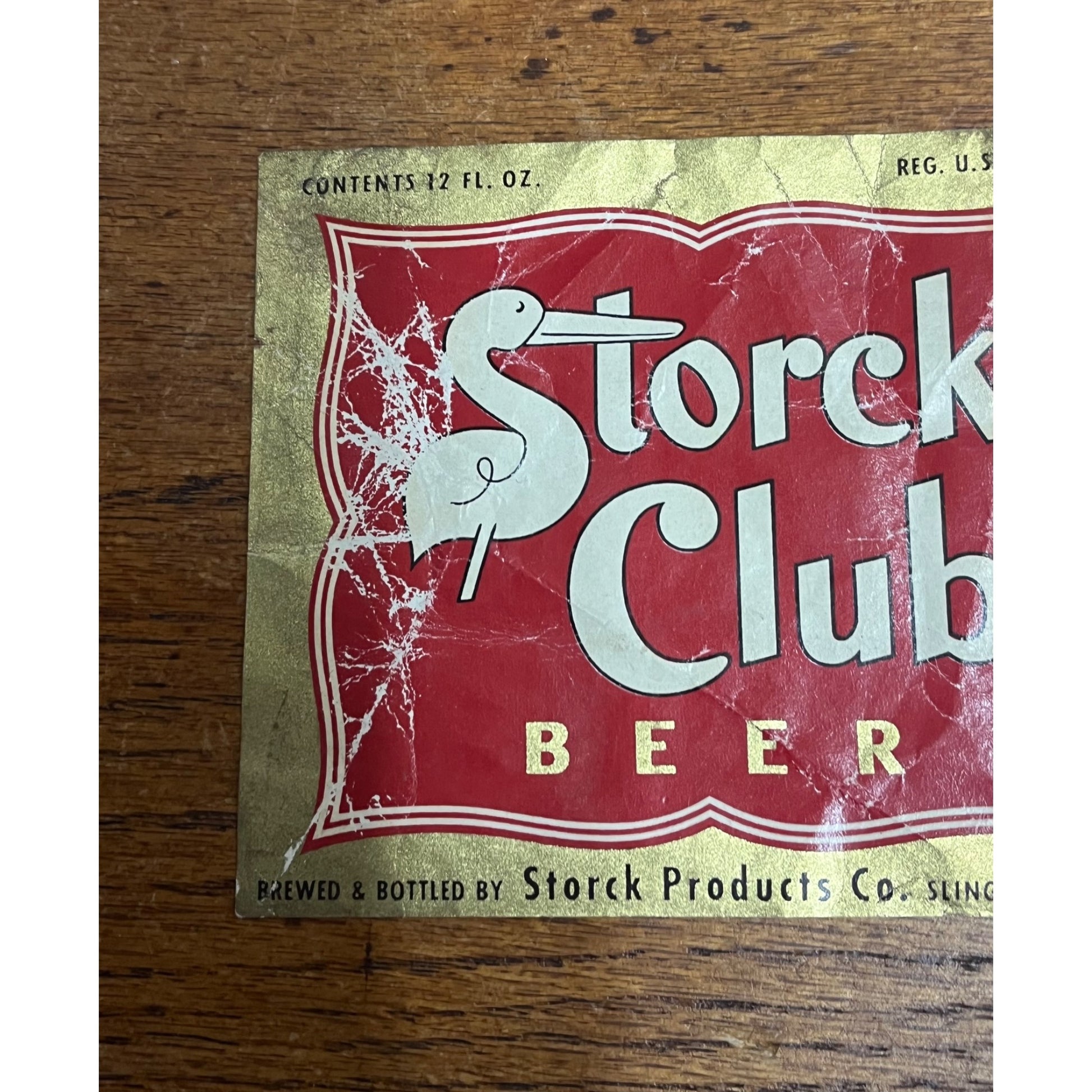 Vintage Storck Club Beer Bottle Label Slinger, Wisconsin 12oz Wis WI