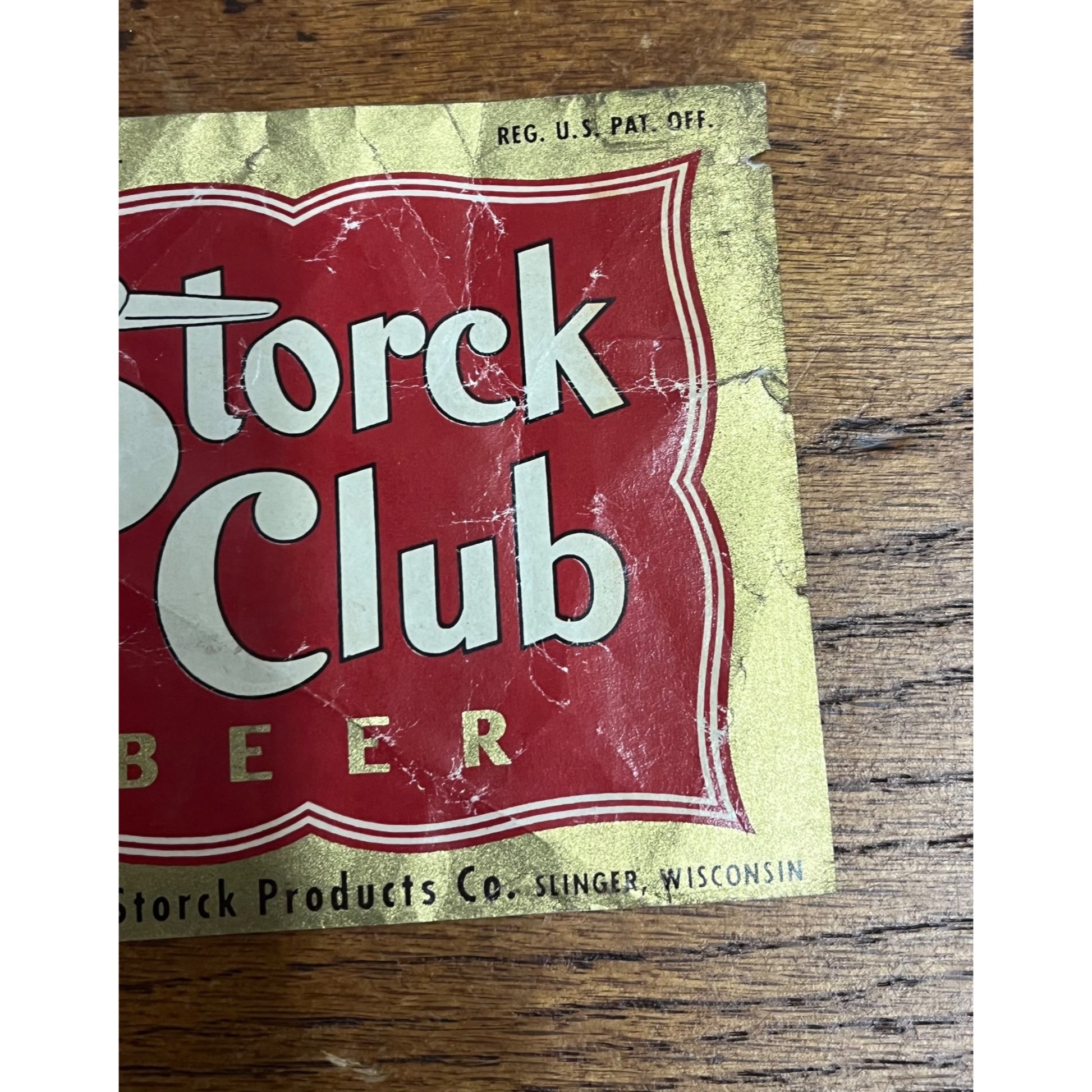 Vintage Storck Club Beer Bottle Label Slinger, Wisconsin 12oz Wis WI
