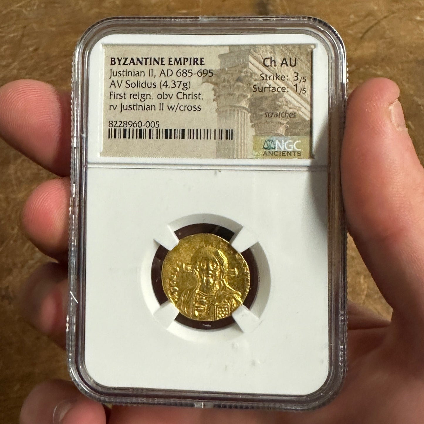 Byzantine Empire Justinian II AD 685-695 Gold Solidus NGC Ch AU Jesus Christ