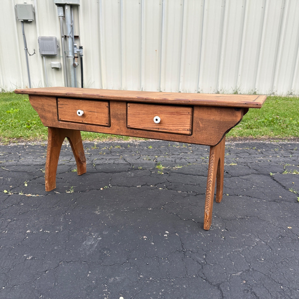 Antique Primitive Farmhouse Pine Wooden Bench w/ Two Drawers
