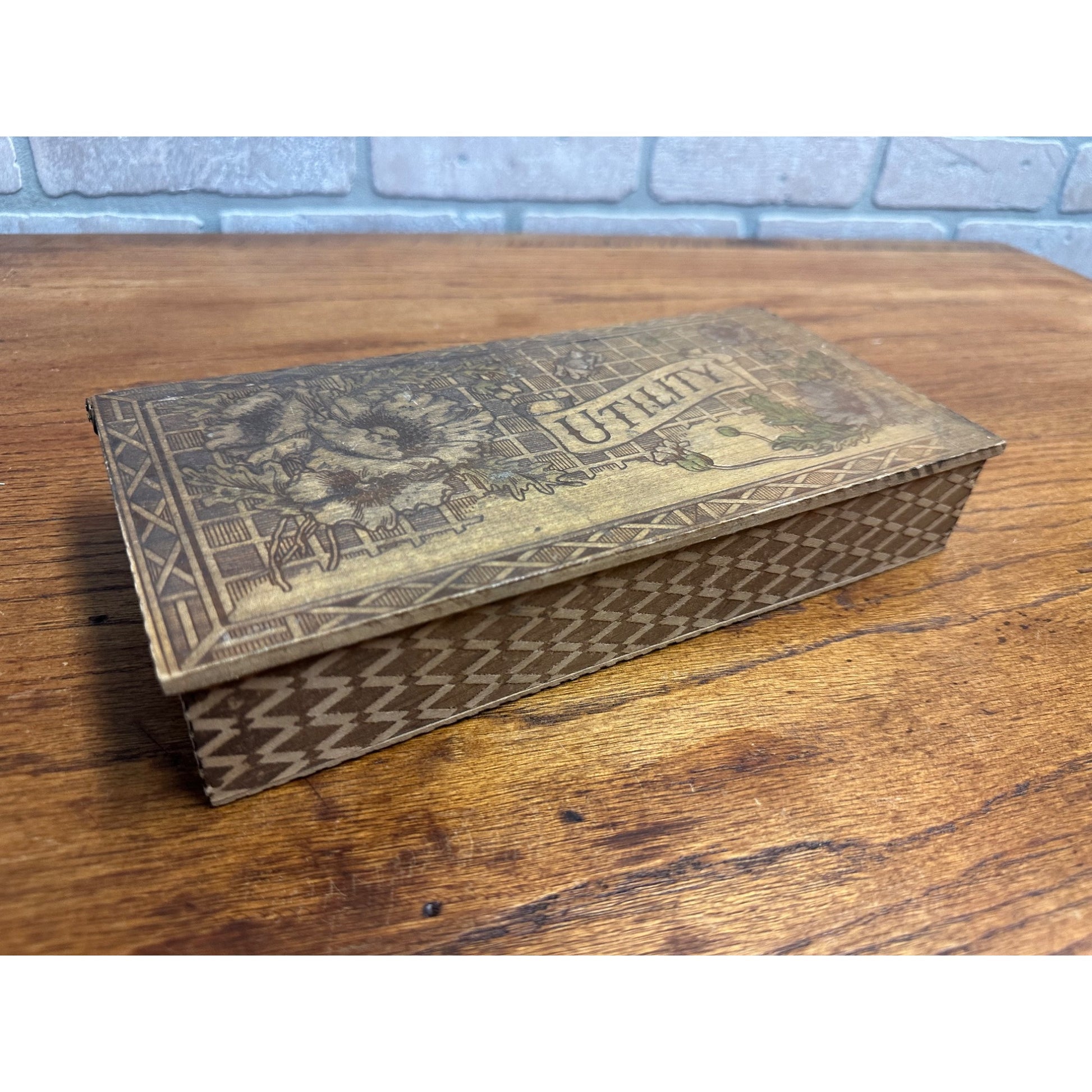 Antique Victorian Pyrography Art Wooden Dresser Storage Box Ornate Utility