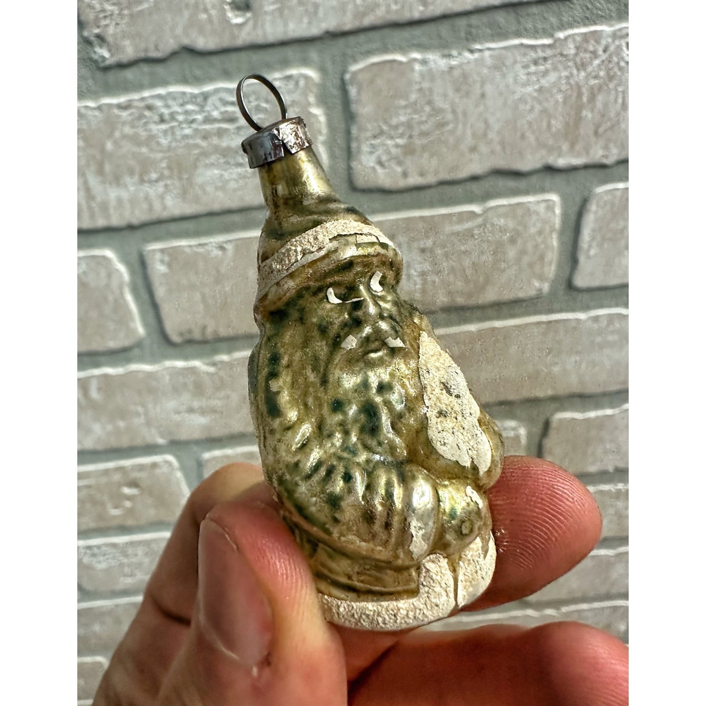 Antique 1900s German Blown Mercury Glass Santa w/ Tree Figural Ornament 2.25"