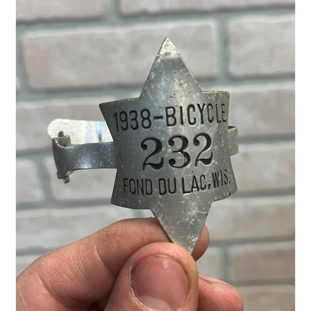 Vintage 1938 Fond du Lac Wisconsin Bicycle Bike License Plate Wis WI Wrap Around