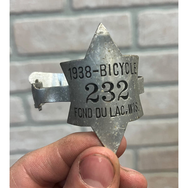 Vintage 1938 Fond du Lac Wisconsin Bicycle Bike License Plate Wis WI Wrap Around