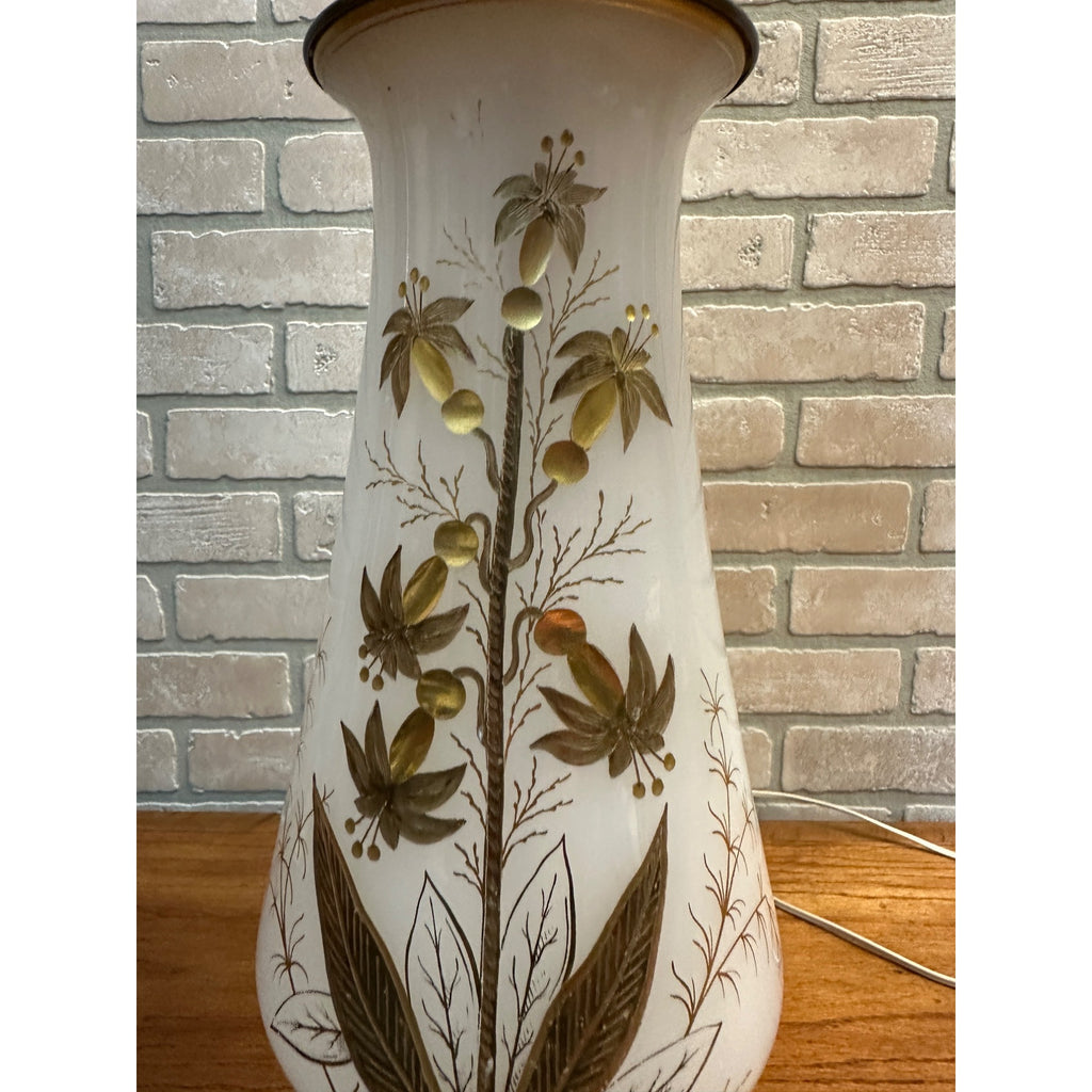 Vintage Mid Century Kosmos Brenner Lamp White Gold Etched Glass Light