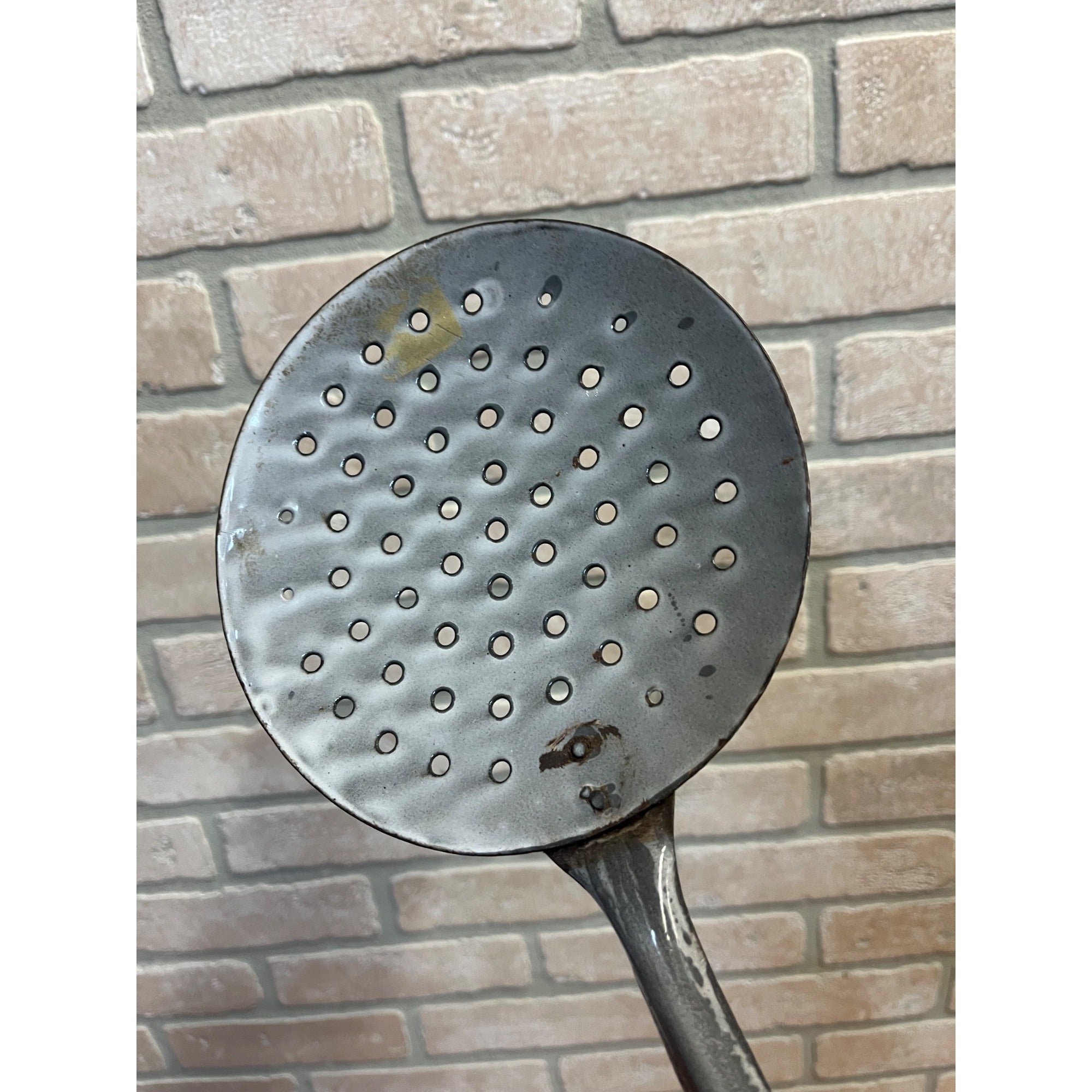 Antique Primitive Grey Graniteware Enamelware Handled Strainer Skimmer  Farmhouse Kitchen Decor