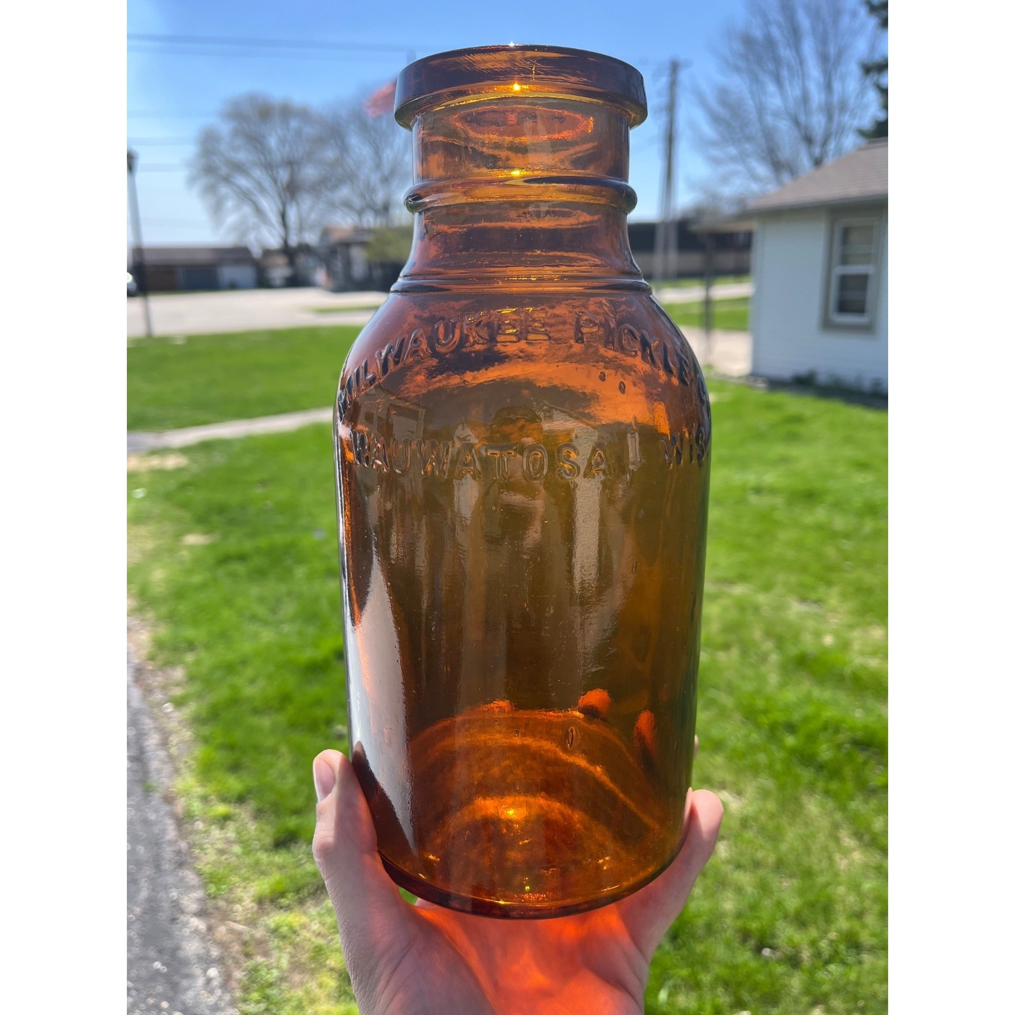 Antique Milwaukee Pickle Fruit Jar 9.75" Advertising Wauwatosa Wisconsin Bottle Amber