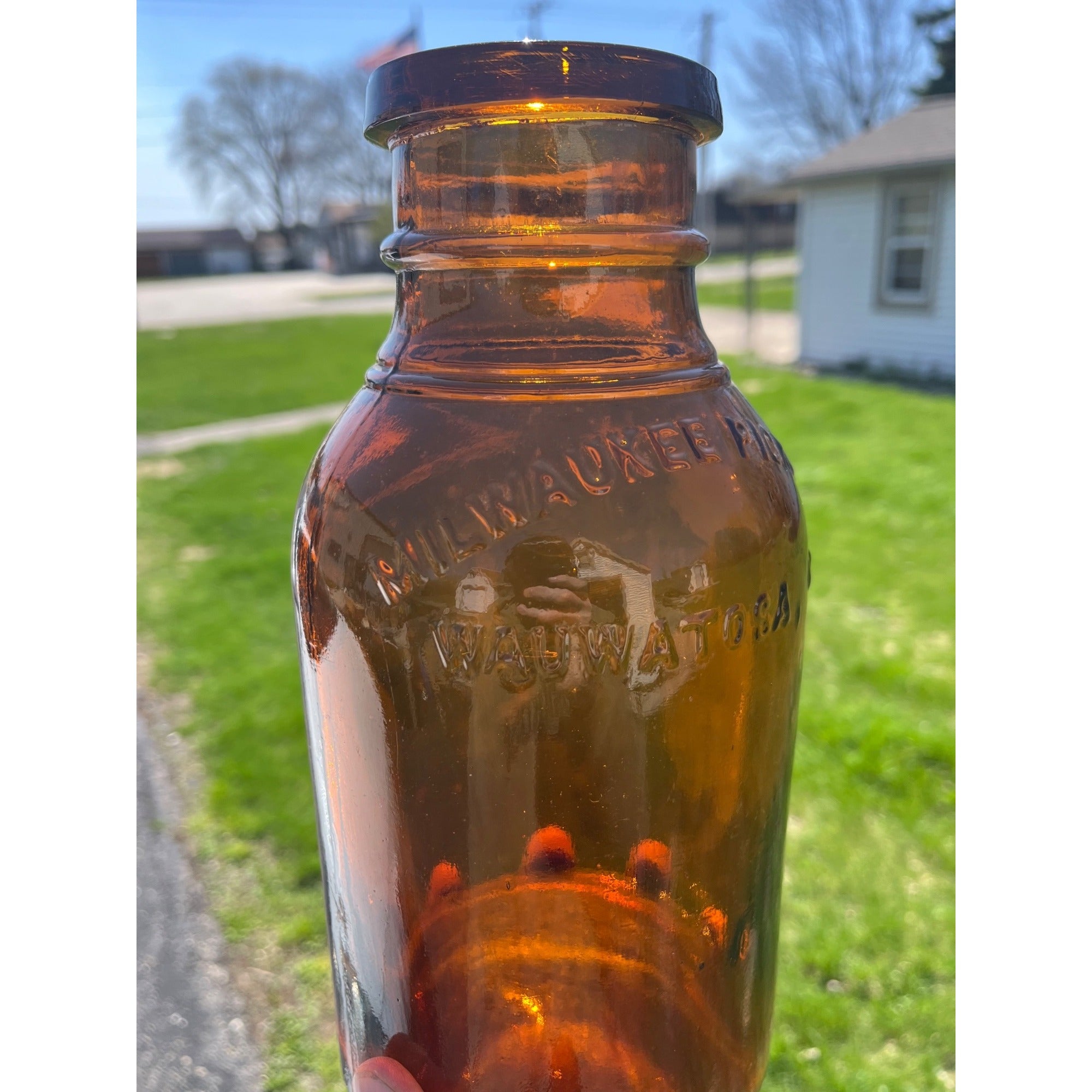Antique Milwaukee Pickle Fruit Jar 9.75" Advertising Wauwatosa Wisconsin Bottle Amber