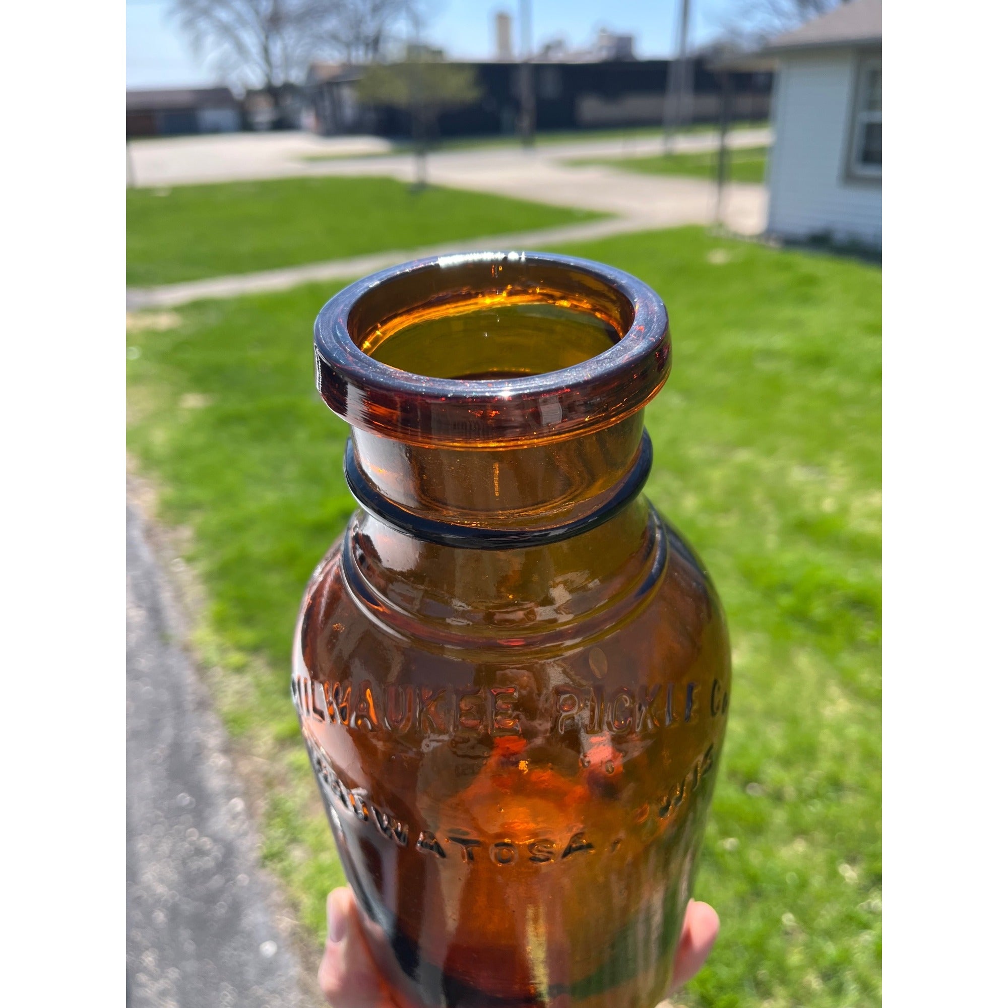 Antique Milwaukee Pickle Fruit Jar 9.75" Advertising Wauwatosa Wisconsin Bottle Amber
