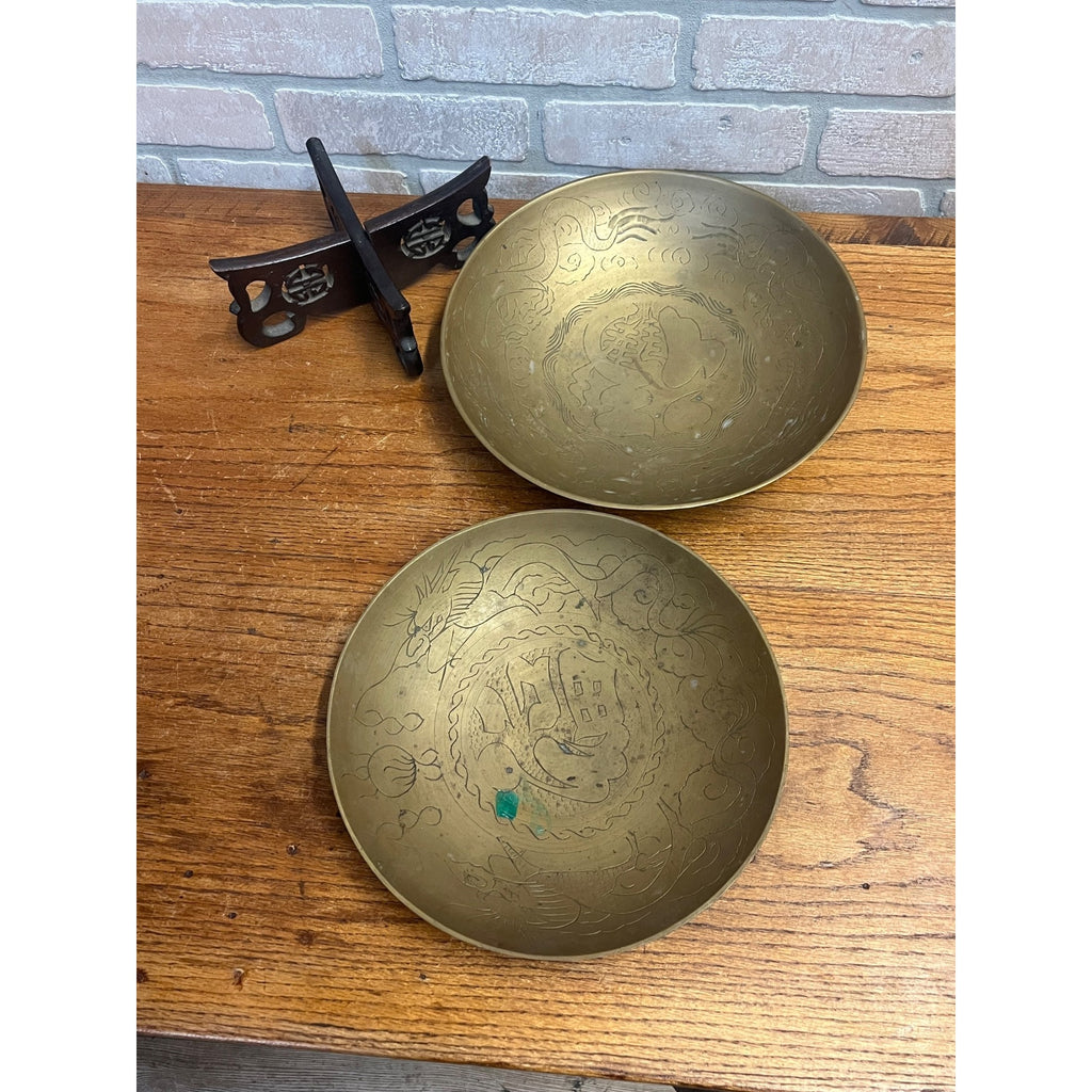 Vintage Chinese Engraved Brass Bowls Asian China Export Dragon Design - Pair (2)