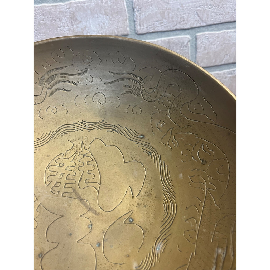 Vintage Chinese Engraved Brass Bowls Asian China Export Dragon Design - Pair (2)
