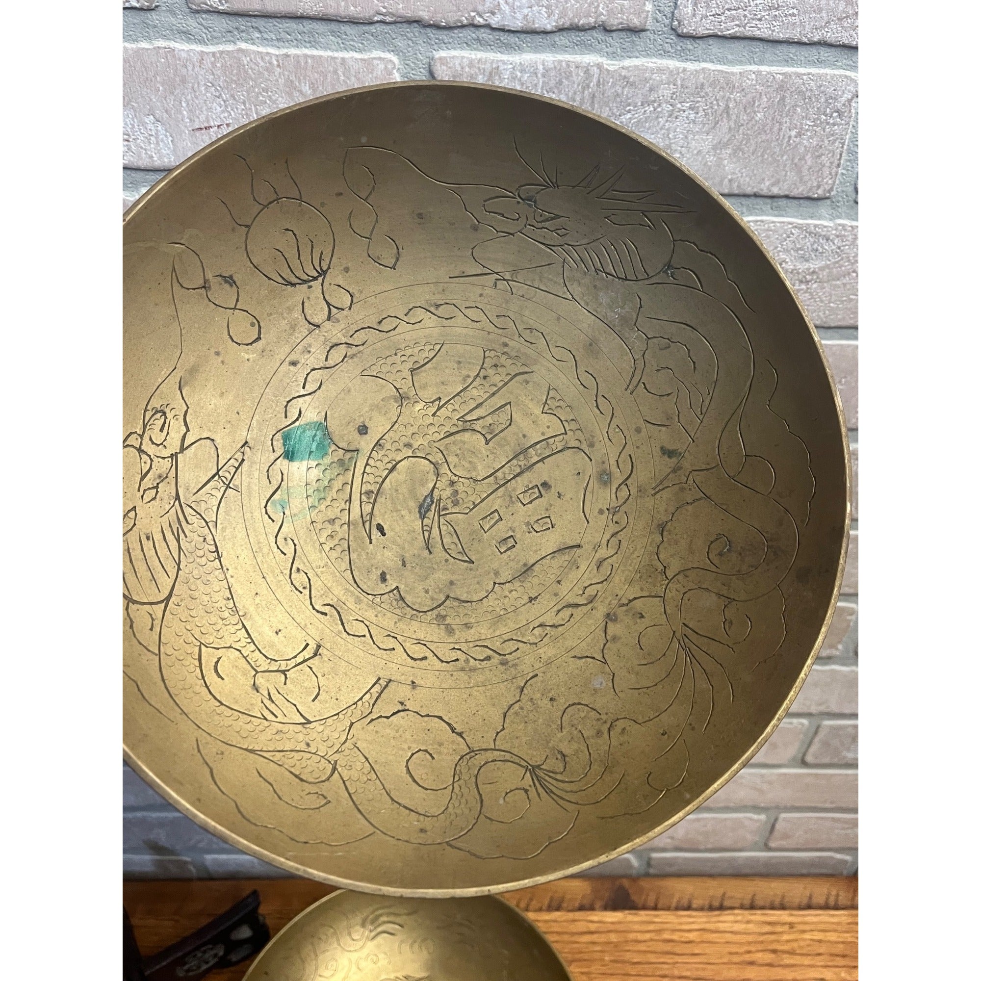 Vintage Chinese Engraved Brass Bowls Asian China Export Dragon Design - Pair (2)