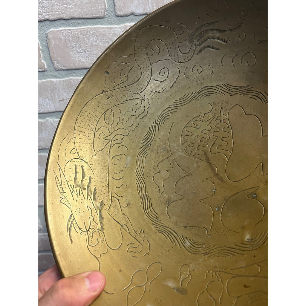 Vintage Chinese Engraved Brass Bowls Asian China Export Dragon Design - Pair (2)