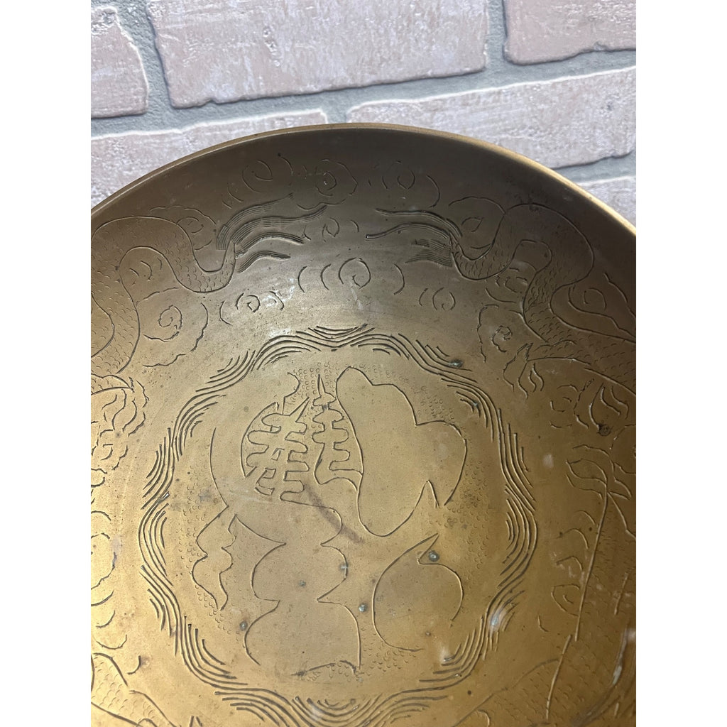 Vintage Chinese Engraved Brass Bowls Asian China Export Dragon Design - Pair (2)