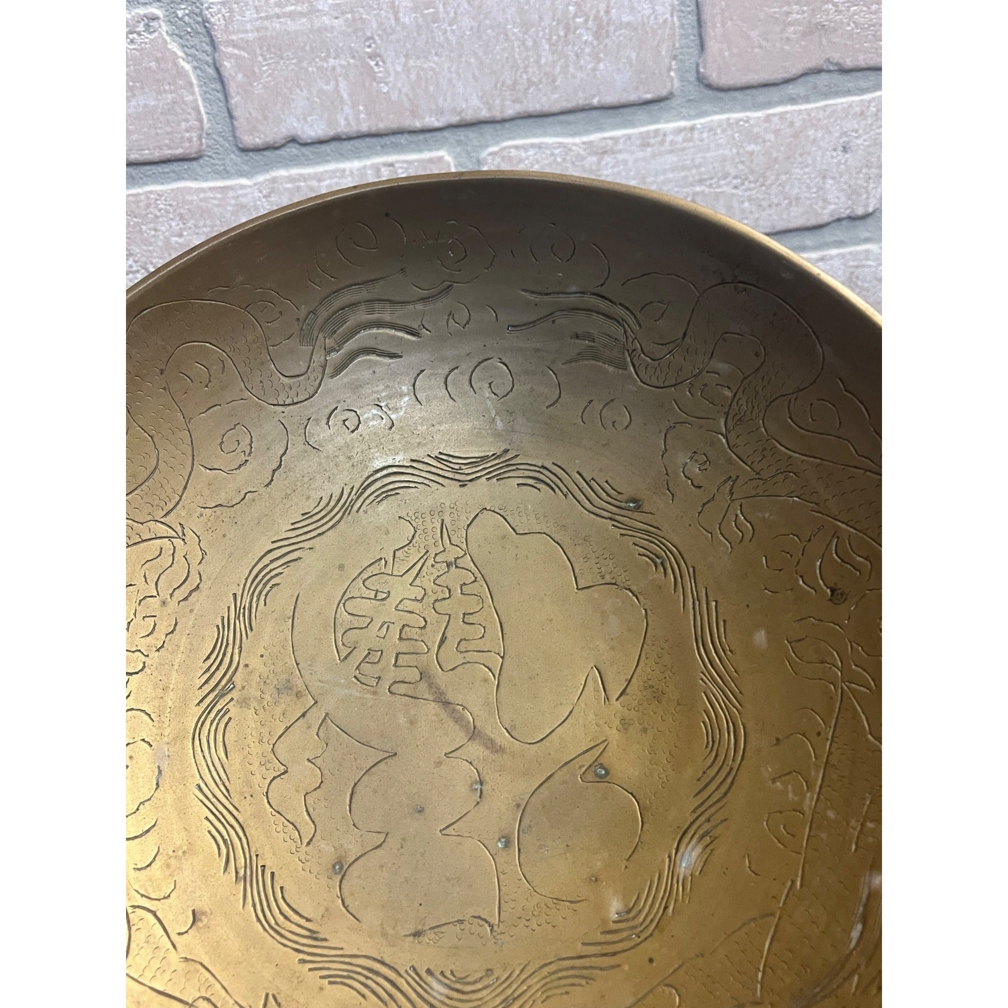Vintage Chinese Engraved Brass Bowls Asian China Export Dragon Design - Pair (2)