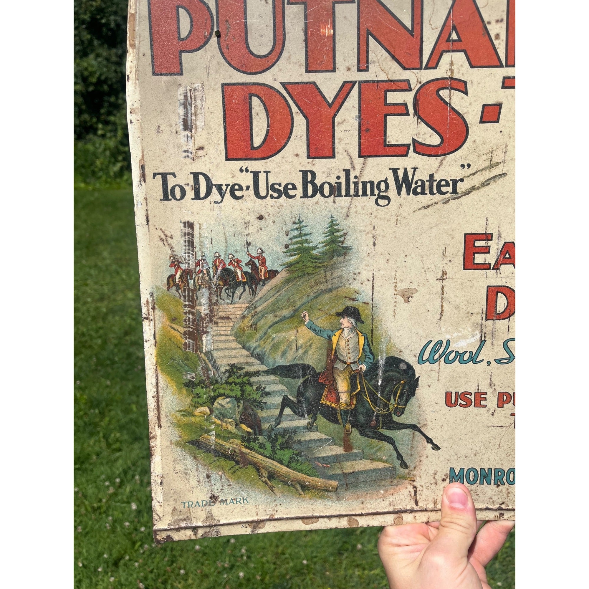 Early 1900s Tin Sign - Putnam Dyes - George Washington Chased by the Redcoats