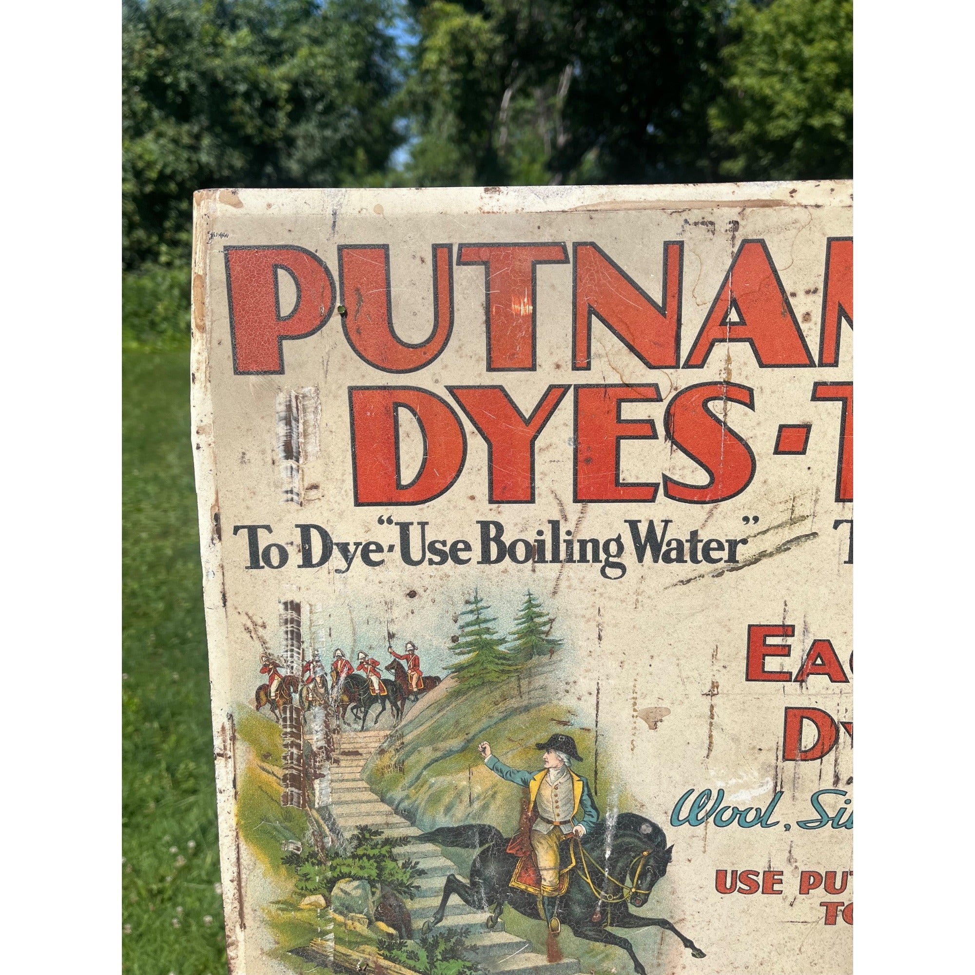 Early 1900s Tin Sign - Putnam Dyes - George Washington Chased by the Redcoats