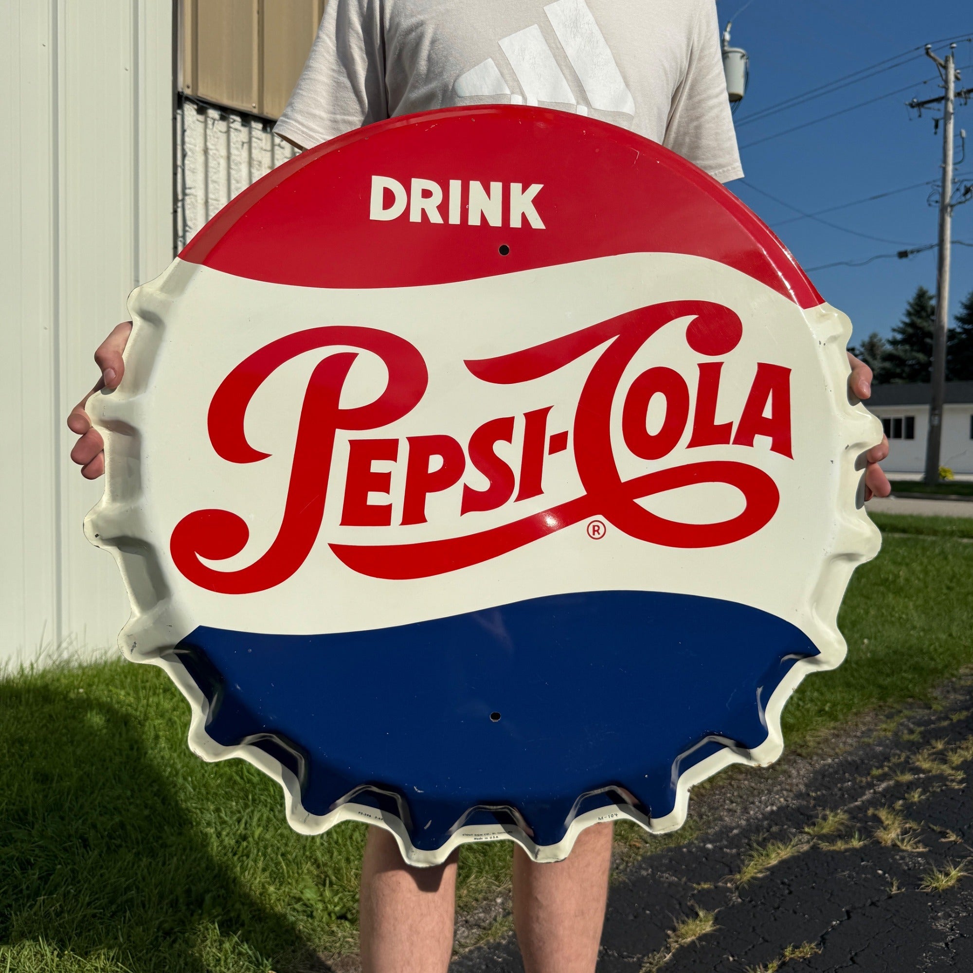 Original 1963 Pepsi Cola Tin Advertising Bottle Cap Button Sign Stout Vintage