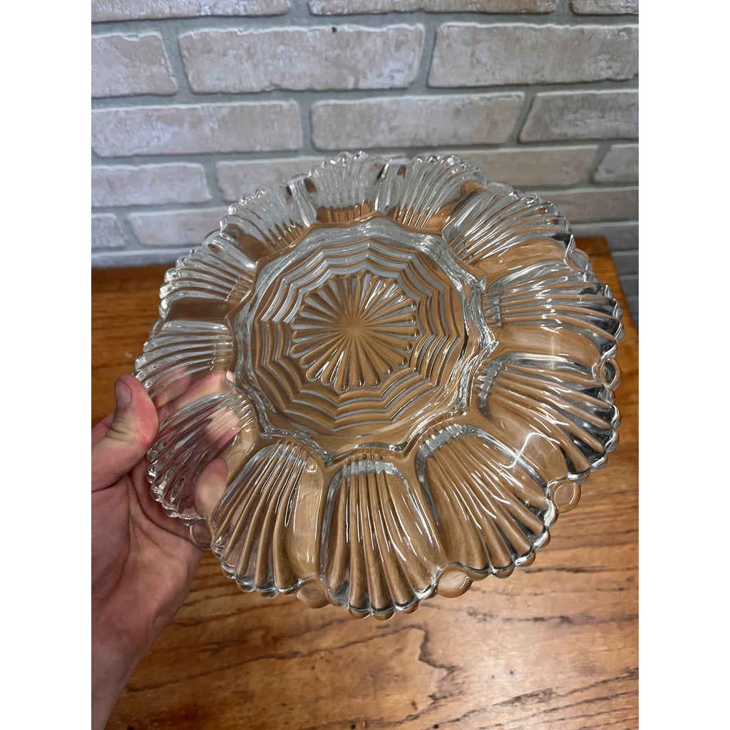 Vintage Anchor Hocking Clear Glass Deviled Egg Platter No. 896 Wave and Fan or Presence Pattern Circa 1955