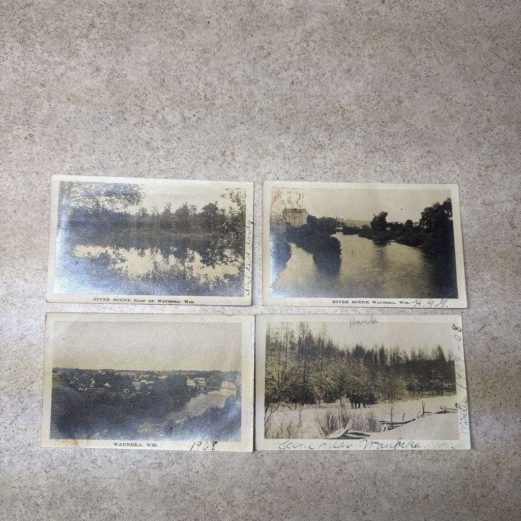 (4) Scenes Near Waukbeka Wis Postcards RPPC Photos River Frednonia Winter 1908