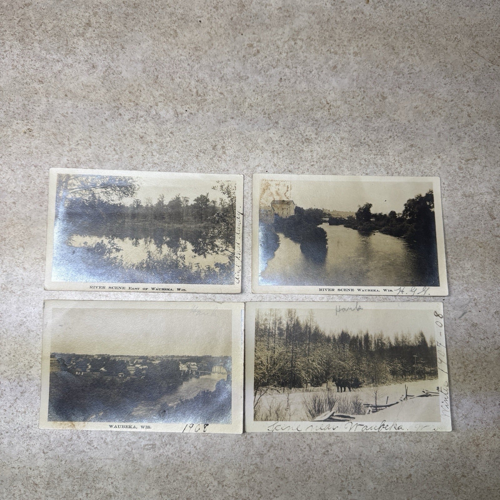 (4) Scenes Near Waukbeka Wis Postcards RPPC Photos River Frednonia Winter 1908