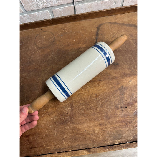 Antique Western / Red Wing Stoneware Blue Banded Rolling Pin w/ Wooden Handles