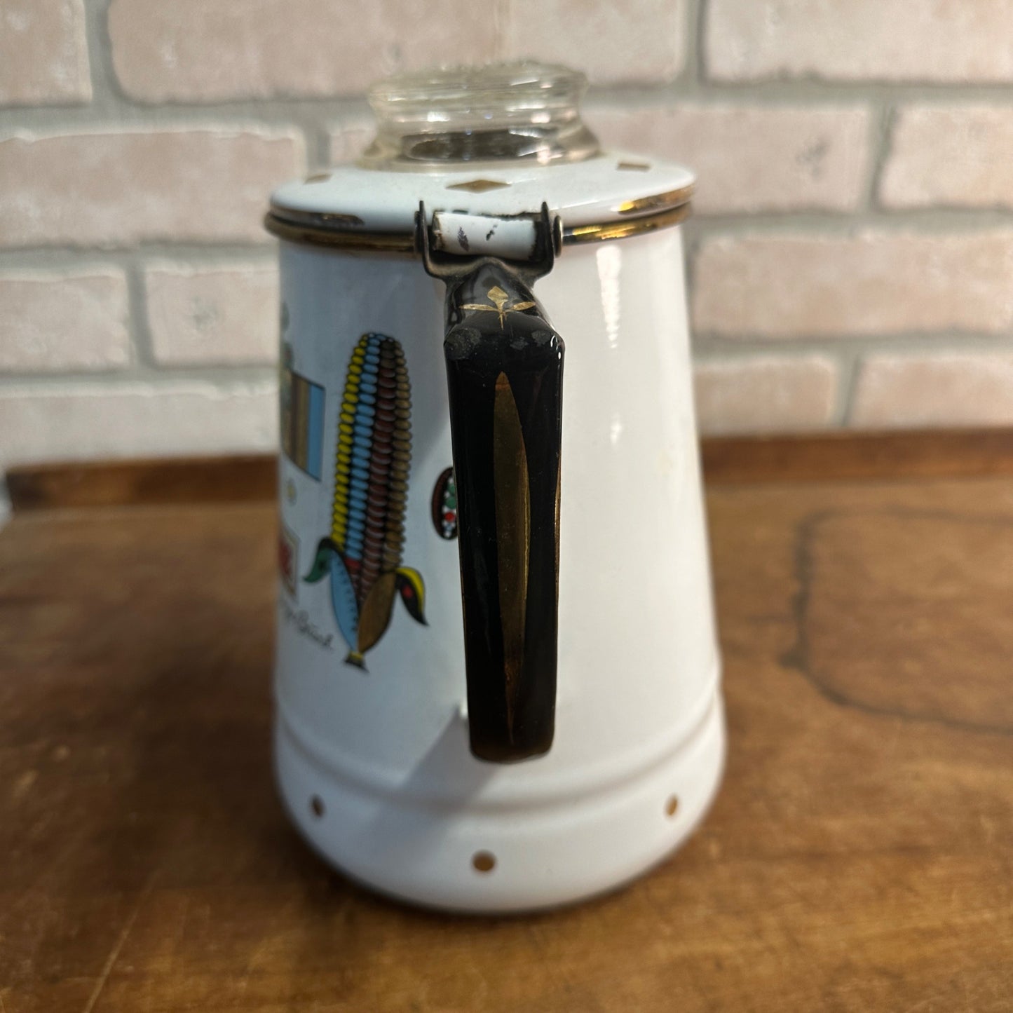 GEORGES BRIARD Vegetables Corn Chard Coffee Pot Percolator White Enamel