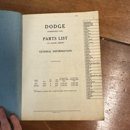 Vintage Dodge Passenger Car Parts List Book - 1935 Models - Chrysler Corp