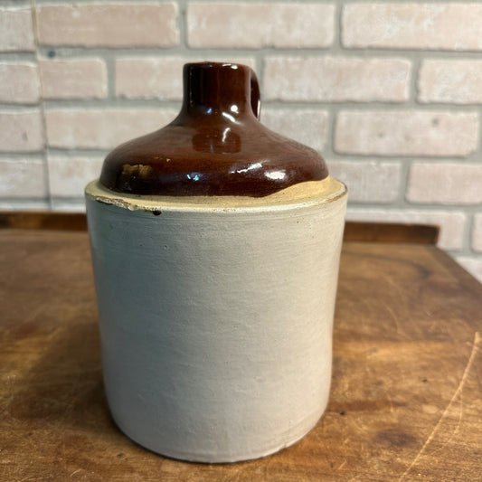Antique 8" Brown Two-Tone Stoneware Jug Moonshine W/ Handle Unmarked Glazed