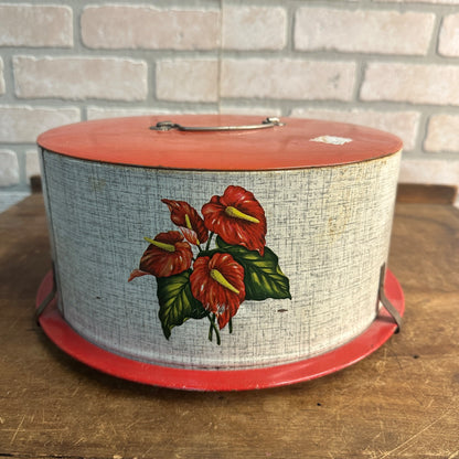 VINTAGE METAL WINTER CAKE CARRIER CHRISTMAS WITH POINSETTIA Mid Century Tin