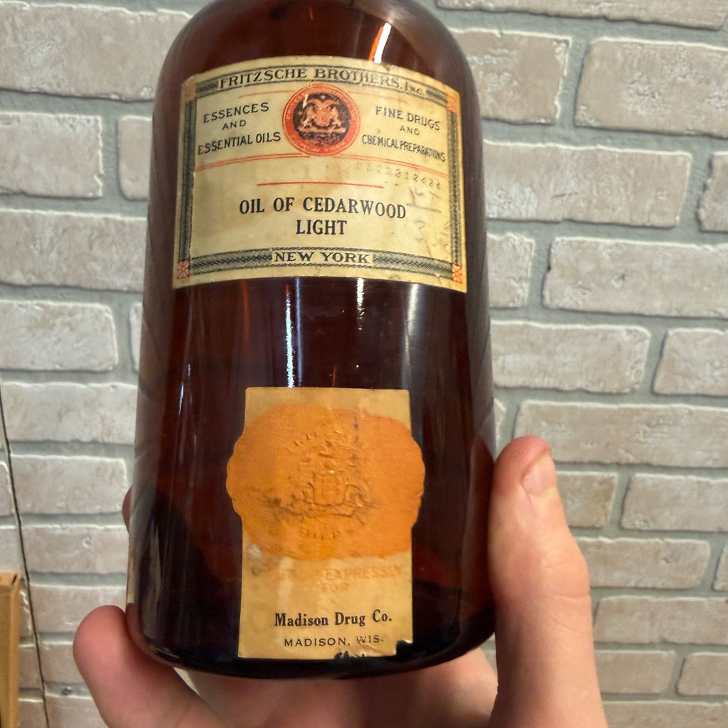 Antique Amber Glass Medicine Bottle w/ Label Fritzsche Brothers Oil of Cedarwood