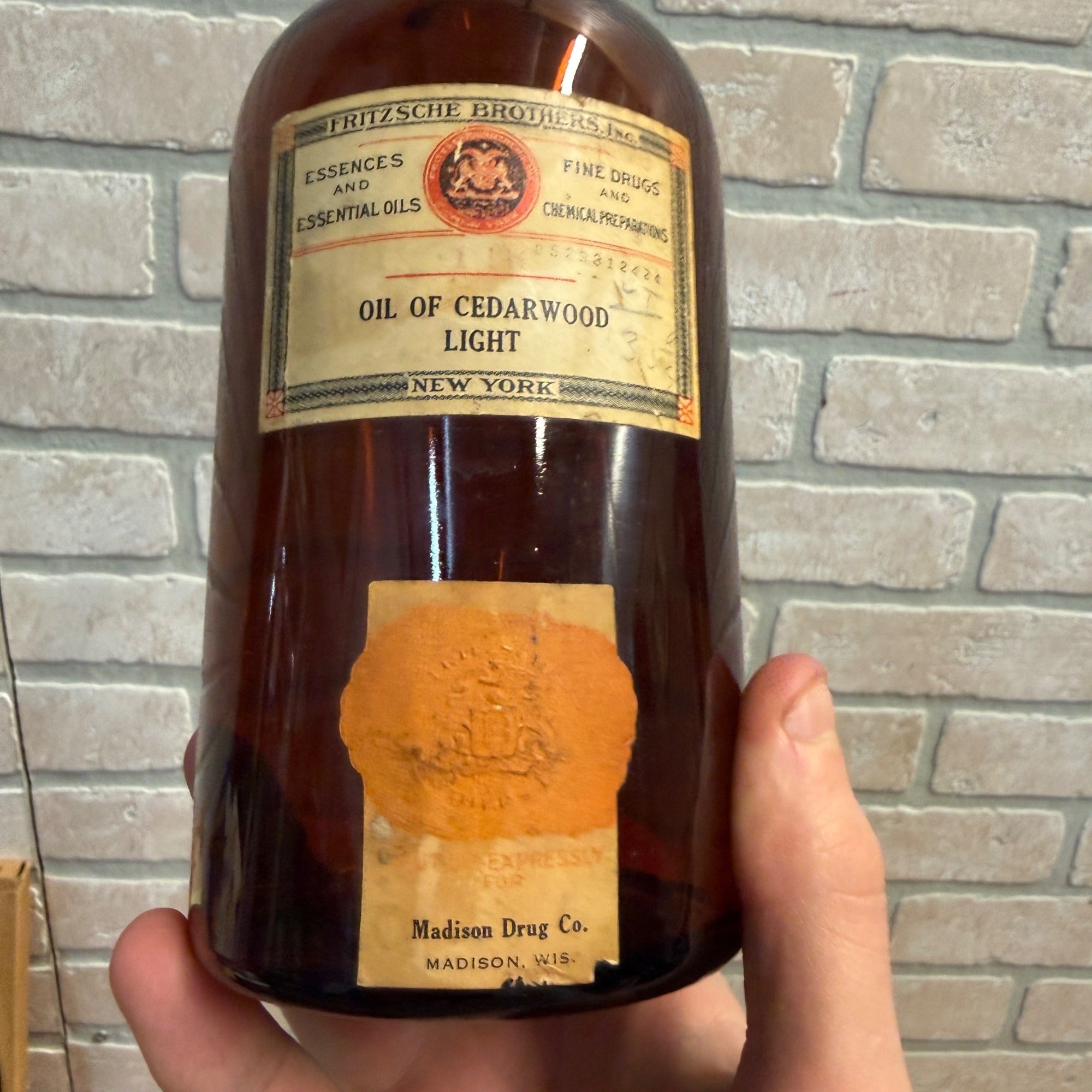 Antique Amber Glass Medicine Bottle w/ Label Fritzsche Brothers Oil of Cedarwood