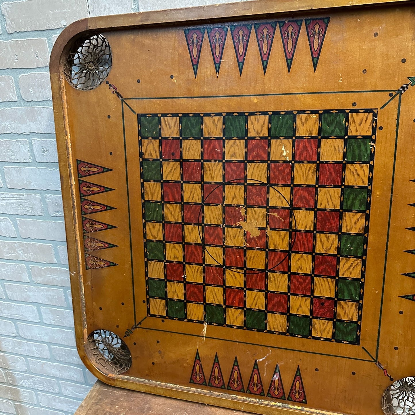 ANTIQUE "FLAGS OF THE NATION" CARROM COMBINATION BOARD GAME CIRCA 1900