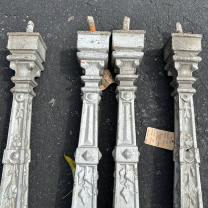 ANTIQUE 1800S CAST IRON FLAME FINIALS SHORT FENCE / HITCHING POSTS LOT (4) BOLLARDS